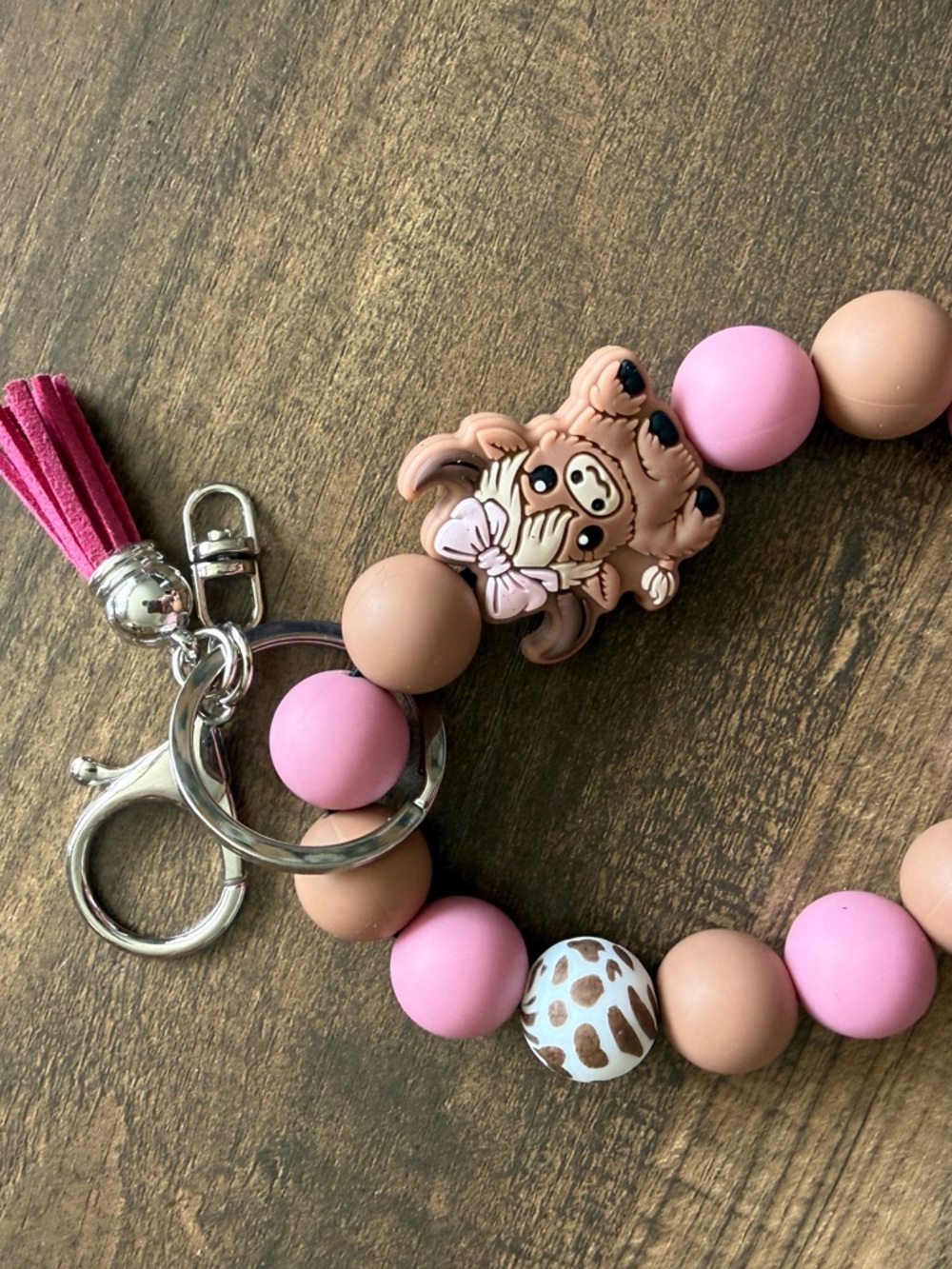Pink & Tan Beaded Cow Keychain Wristlet
